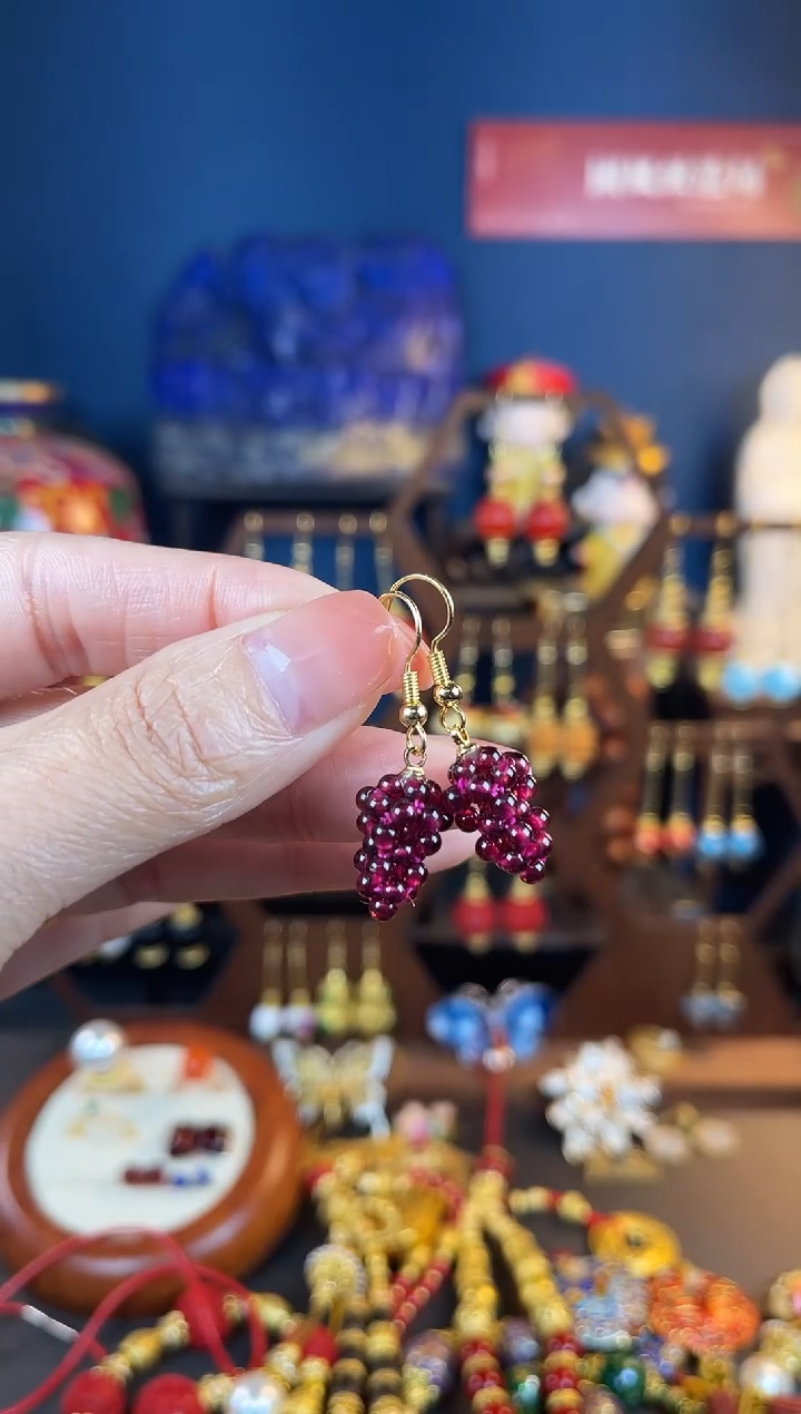 【闪购商品】石榴石耳饰银S925镀金镶嵌葡萄耳钩