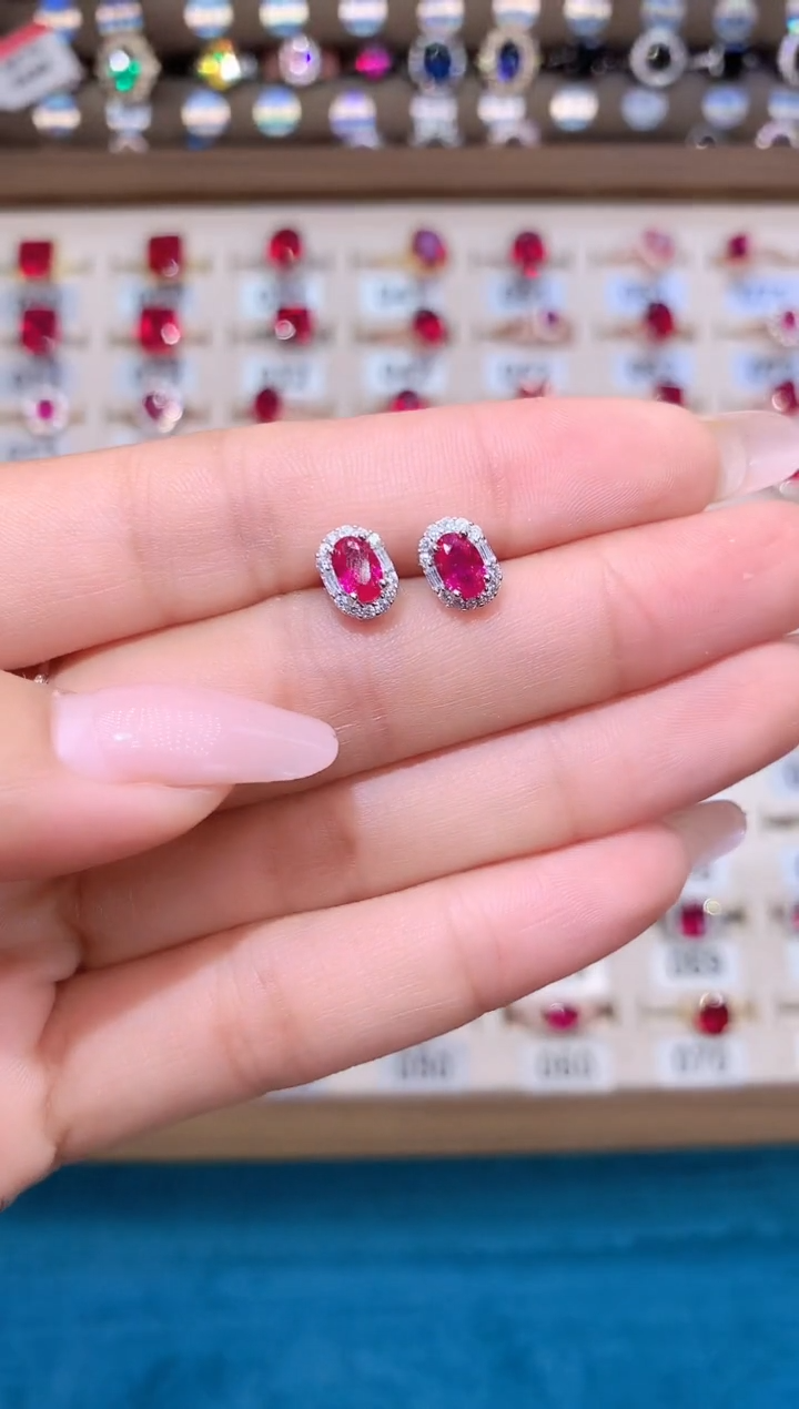 耳饰银S925镶嵌红宝石46白
