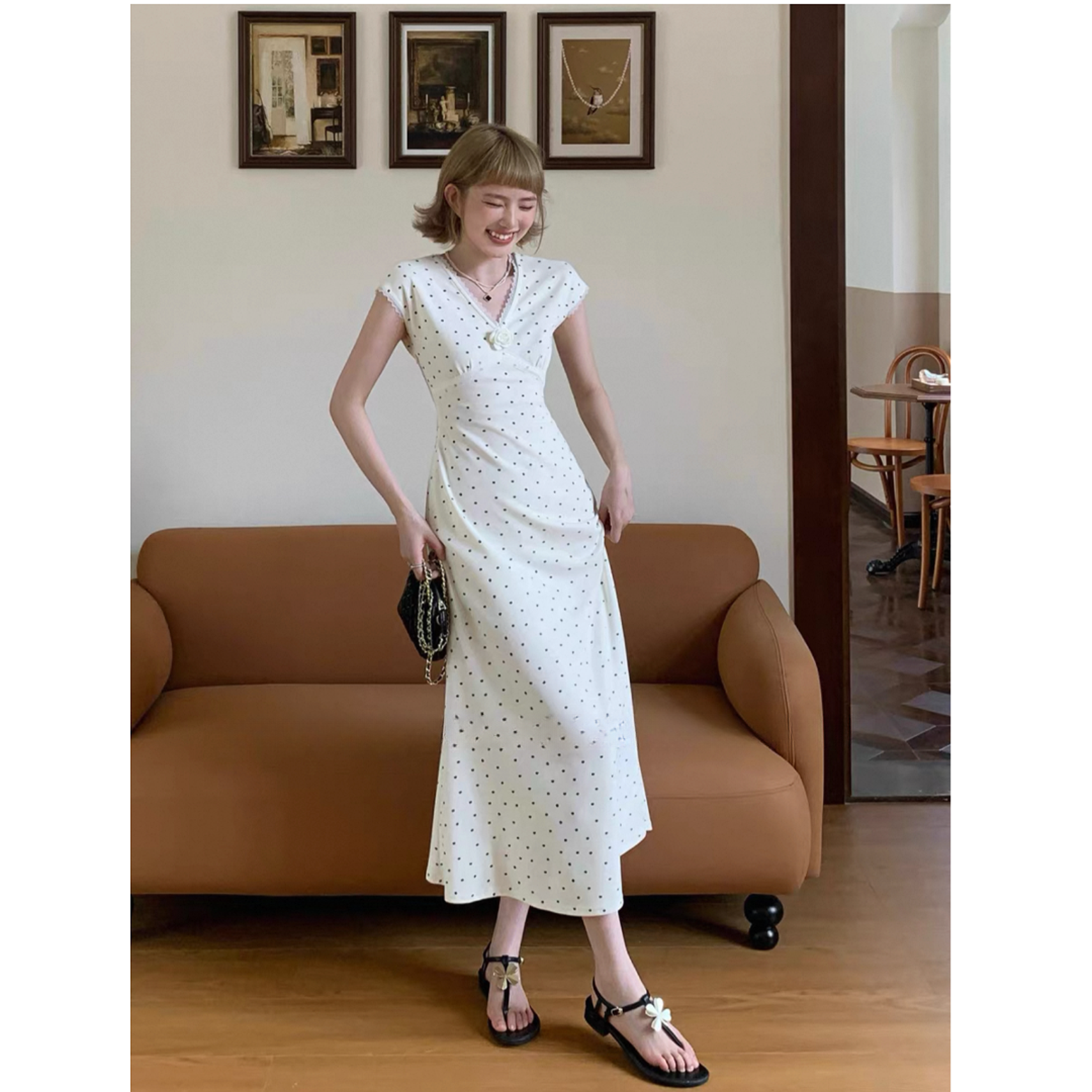 "里斯本情书" 小飞袖长裙女v领收腰显瘦波点短袖连衣裙