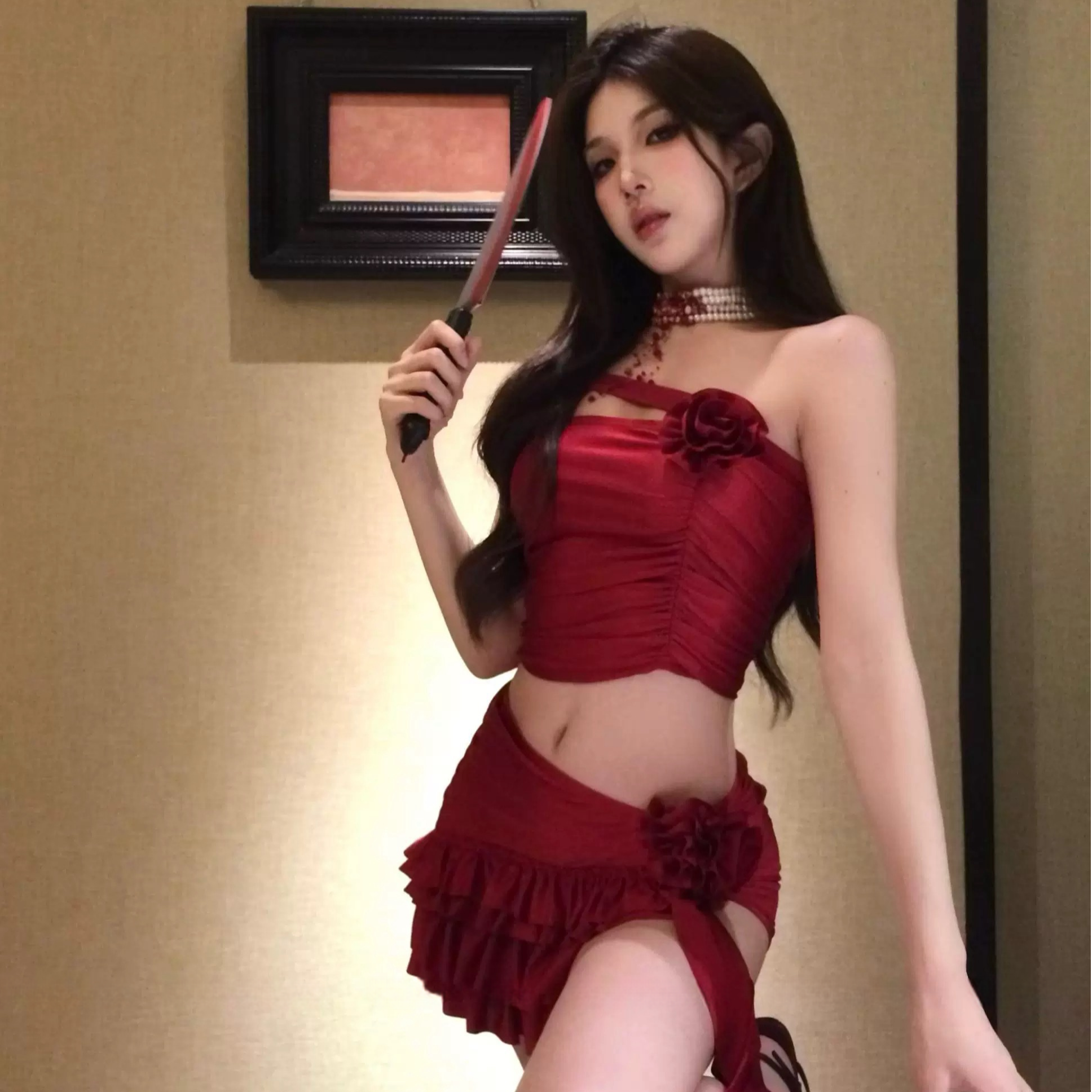 脸红小狗~纯欲初樱*褶皱玫瑰花木耳边抹胸两件套装