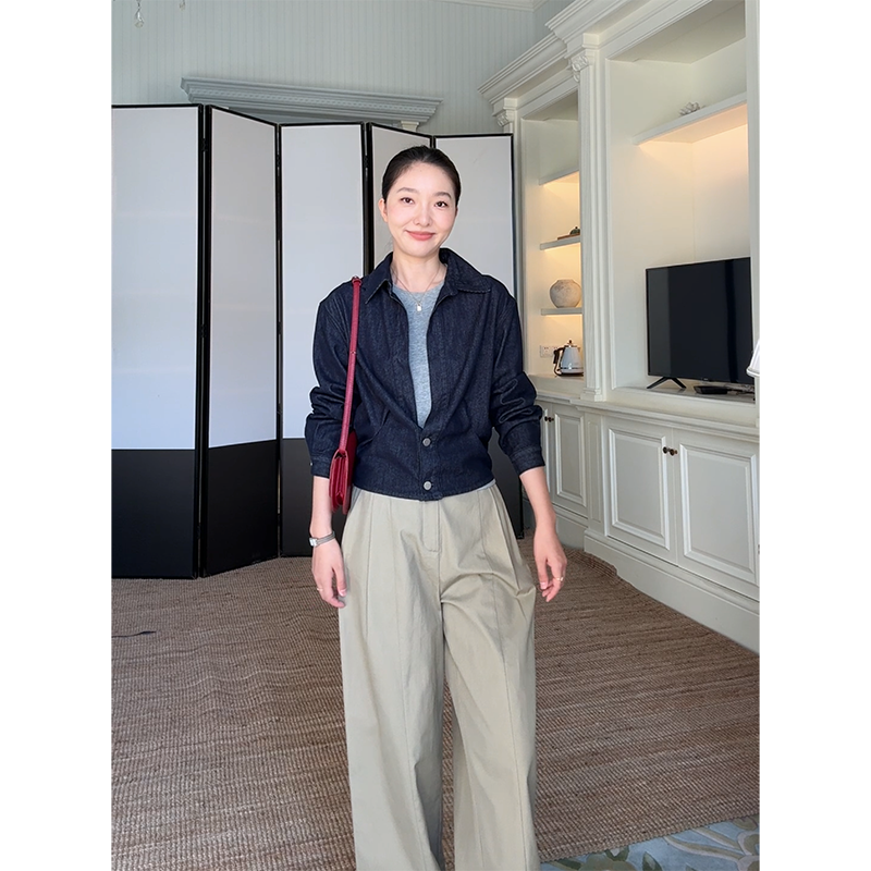 郭九九呢 棉质简约圆领牛仔衬衫外套休闲直筒阔腿长裤 G925Z08811