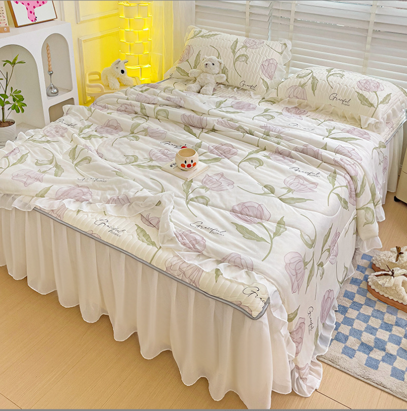 法式赫本风乳胶凉席三件套夏季夏凉被四件套床裙款宿舍冰丝空调席