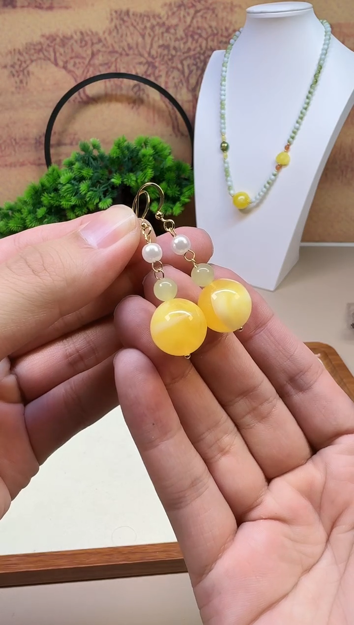 蜜蜡14K金镶嵌耳饰E153 