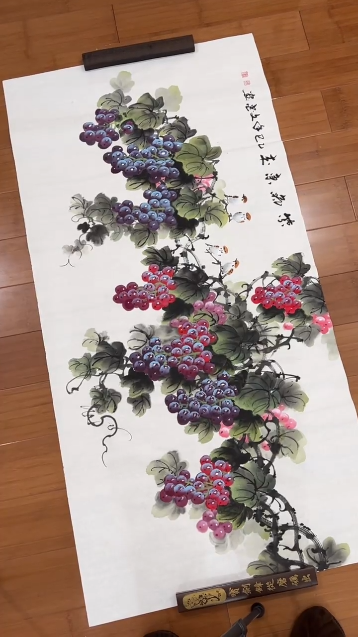 国画【福利，纯手工手绘】张文忠葡萄横幅138*68厘米