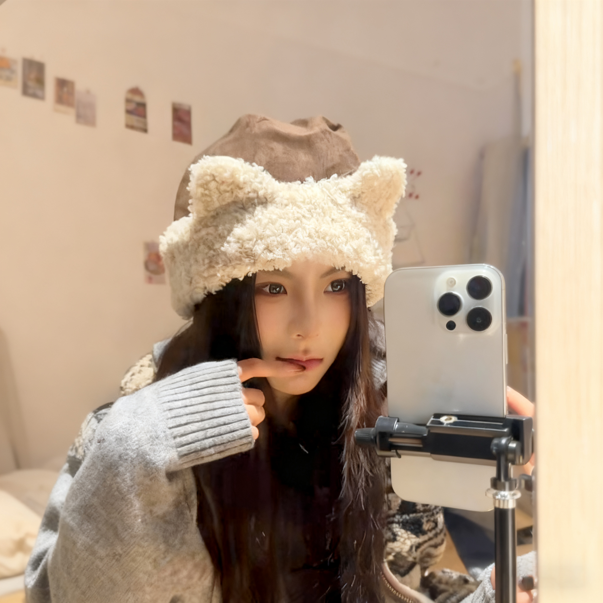 日系可爱猫耳渔夫帽子女冬季新款加厚保暖显脸小百搭针织帽护耳帽商品图