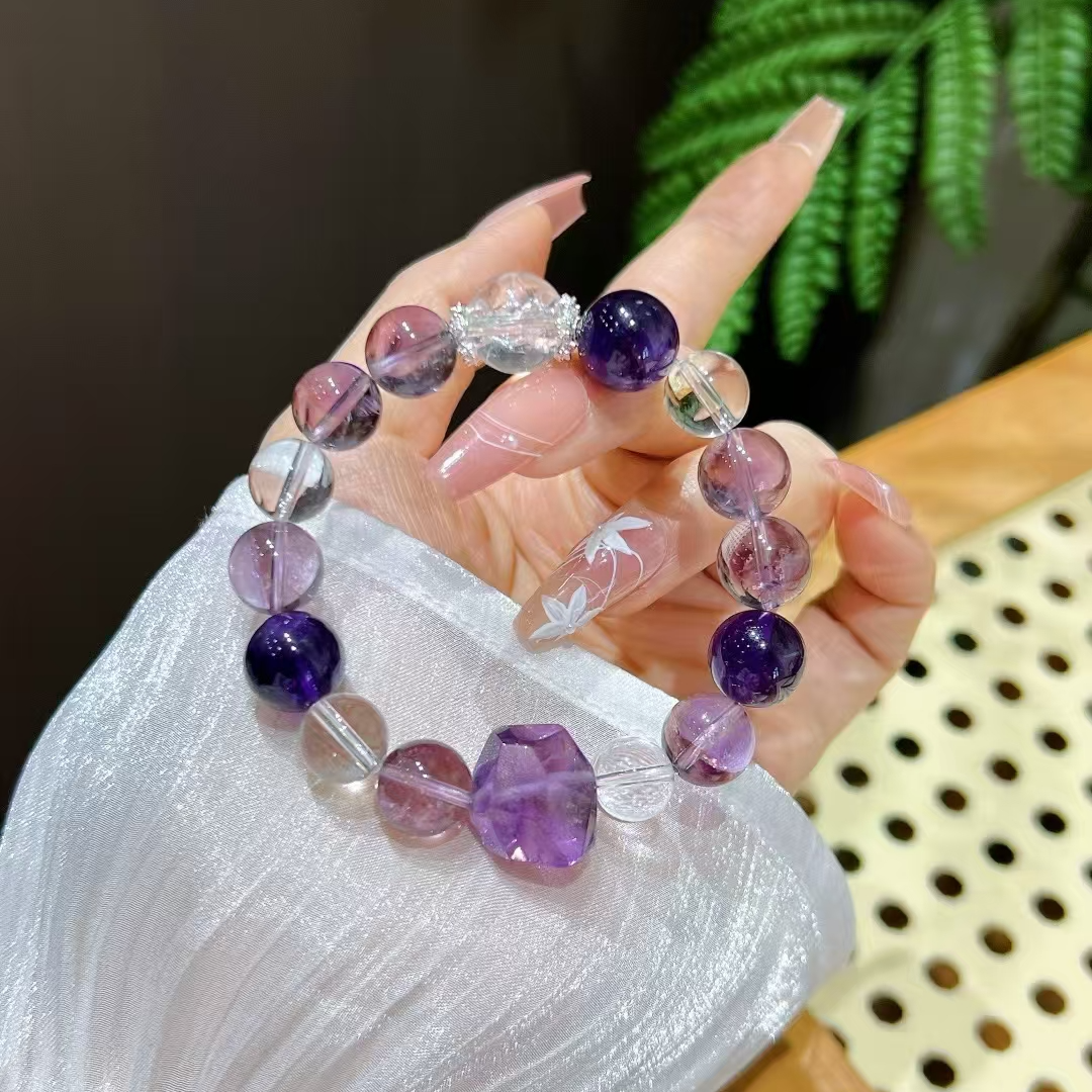 天然水晶乌拉圭紫水晶巴西紫+白水晶手链1021