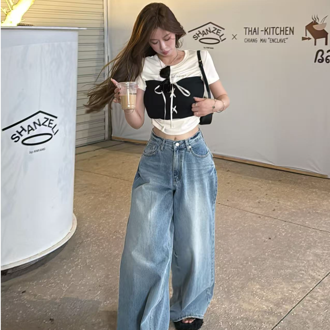 【YKL】 古早韩味 米拼黑假两件系绳字母短袖蓝色后口袋阔腿牛仔裤