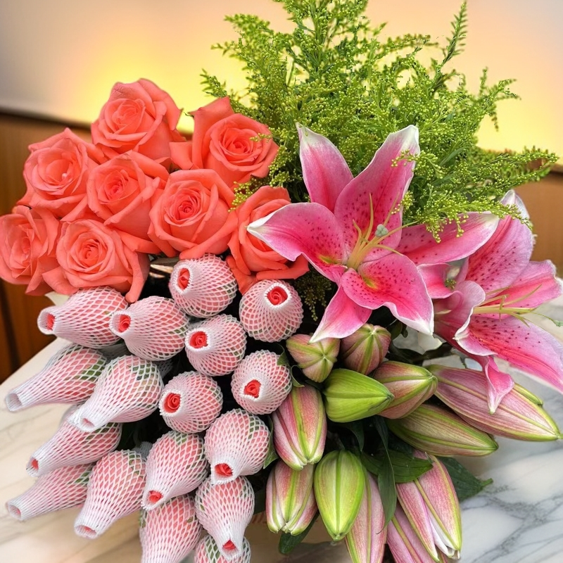 【粉玫瑰套餐】玫瑰10只+百合10朵+配草1扎鲜花直播间现场直播卖花