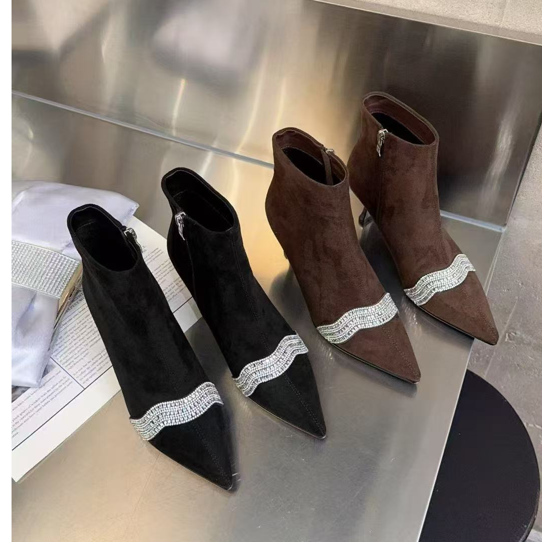 5512-6细跟绒面尖头水钻时尚侧拉链舒适短靴气质百搭时装靴6公分