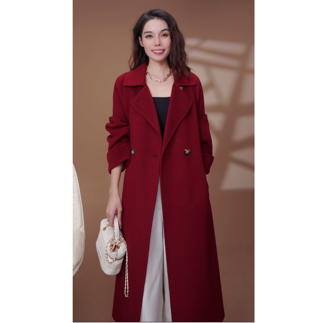 【25027羊绒】长款女双面大衣纯色气质毛呢外套2025新款-禁水洗