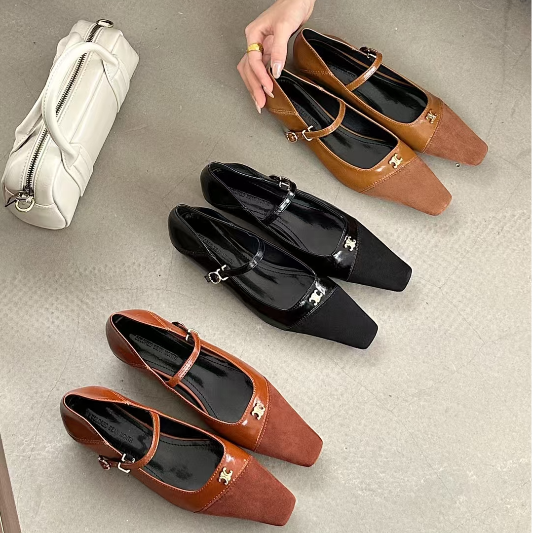 粗跟单鞋女2025新款春季金属扣一字带中跟方头浅口气质小跟工作鞋