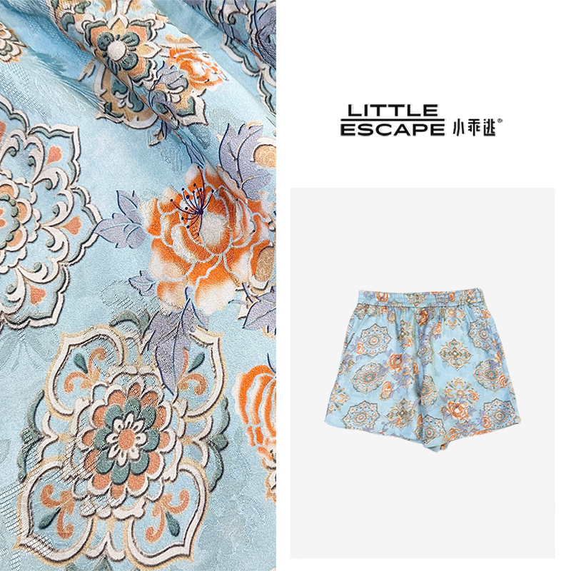 小乖逃25新中式松紧带蓝色短裤防晒弹力松太阳短裤S25485