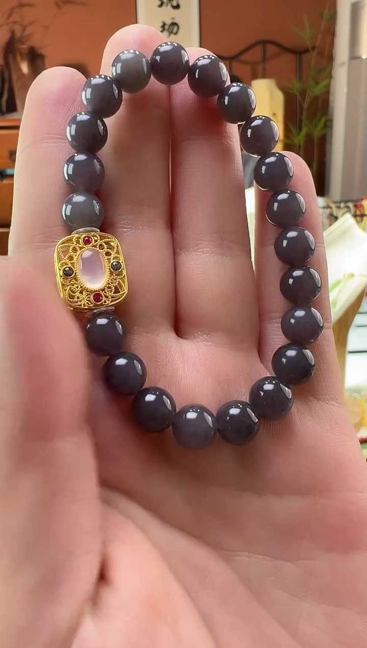 【闪购商品】和田玉手串18K金镶嵌烟紫