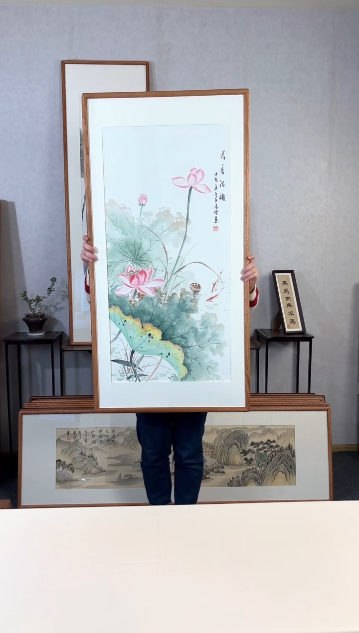 【闪购商品】国画手绘*荷香青韵*62*123cm实木框