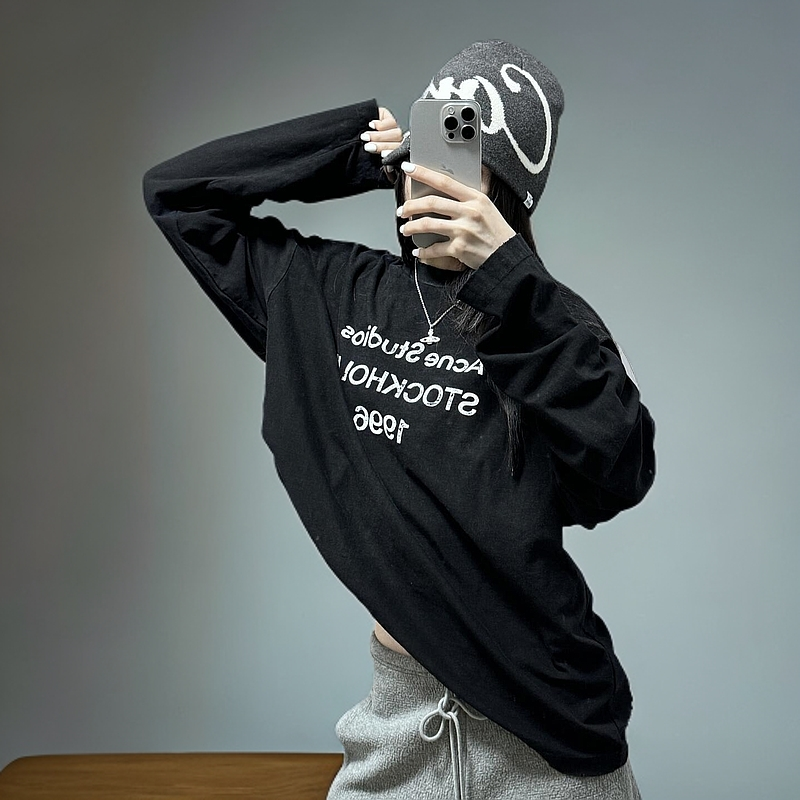 细妮雅【直播质量 250克精梳紧密 100棉 后包领长袖圆领T恤】字母印