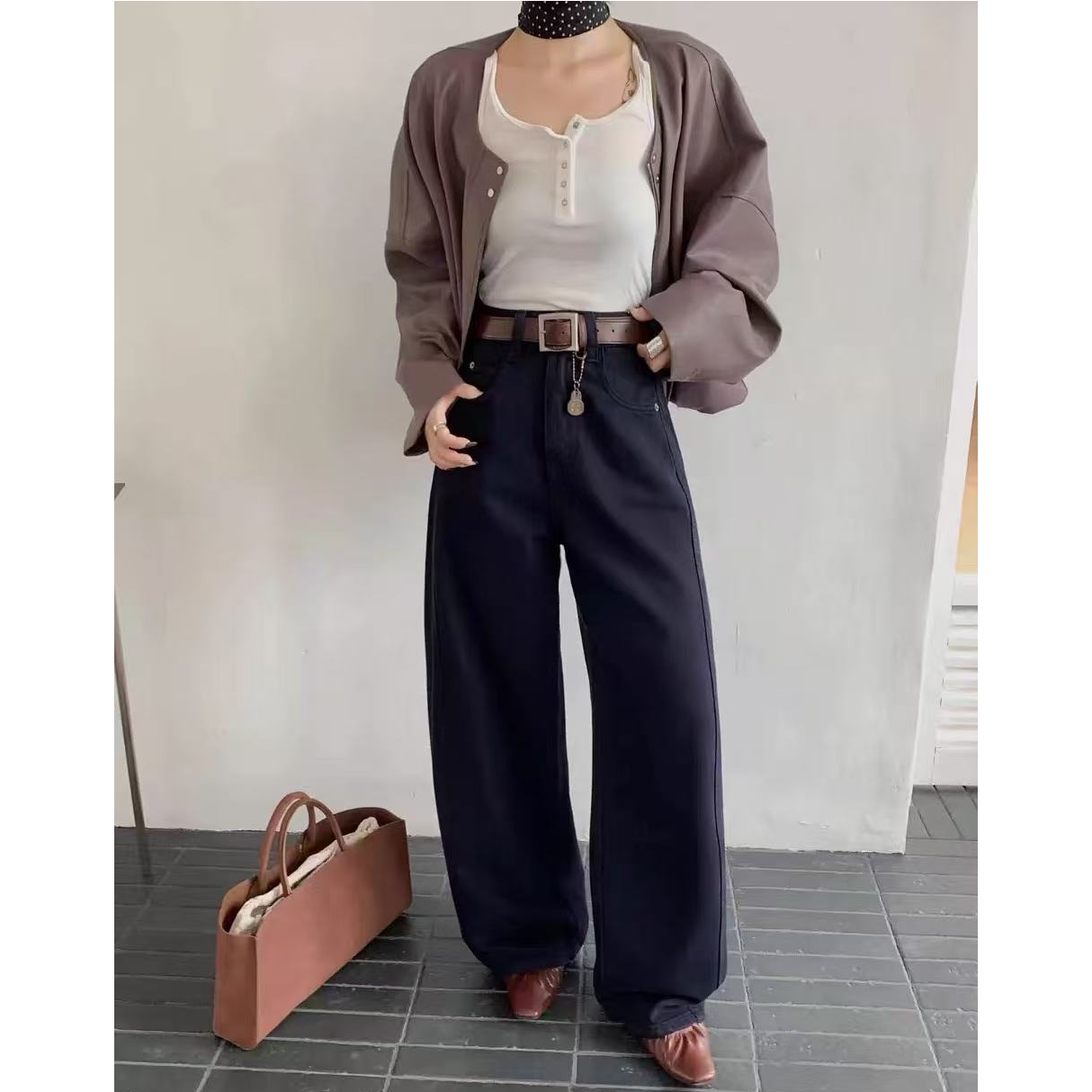 755 ~高货加厚密密绒纯色韩版休闲百搭弯刀牛仔阔腿裤