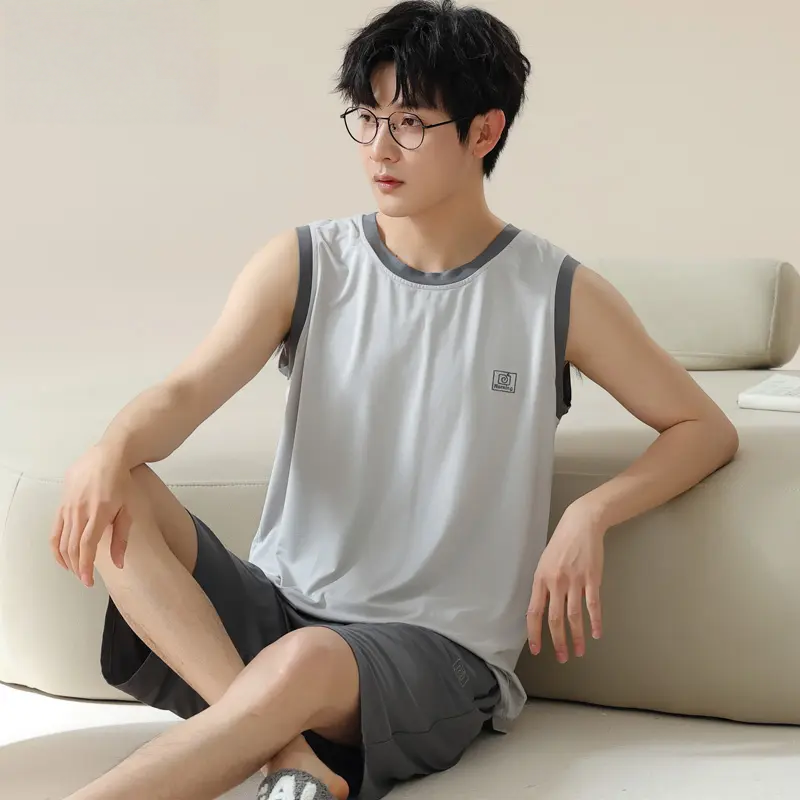 安佰芬夏天莫代尔男士睡衣男款夏季冰丝宽松简约薄款背心短裤套装