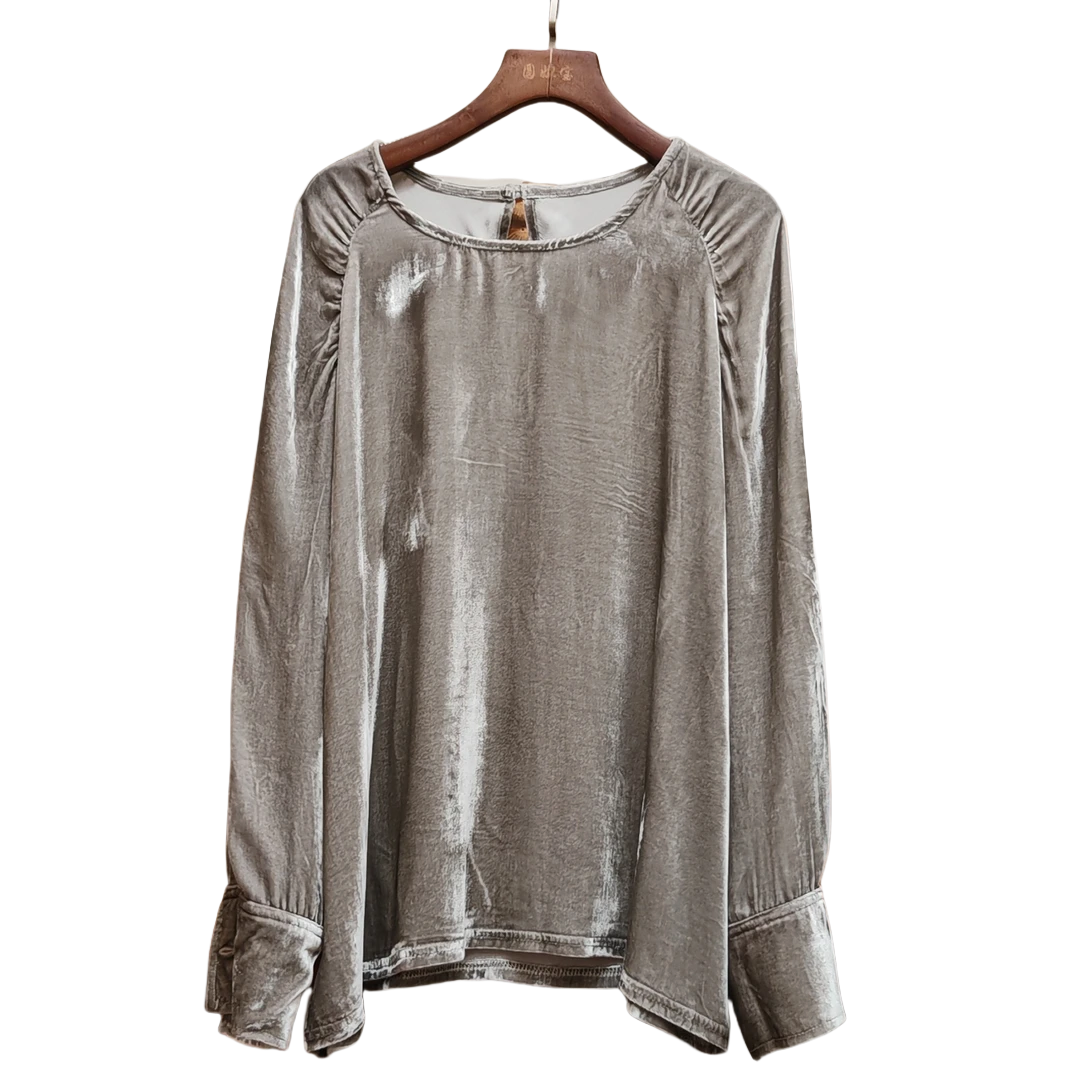 圆圆大码《星辰》加密加厚桑蚕丝复古丝绒中式圆领长袖时尚高级灰