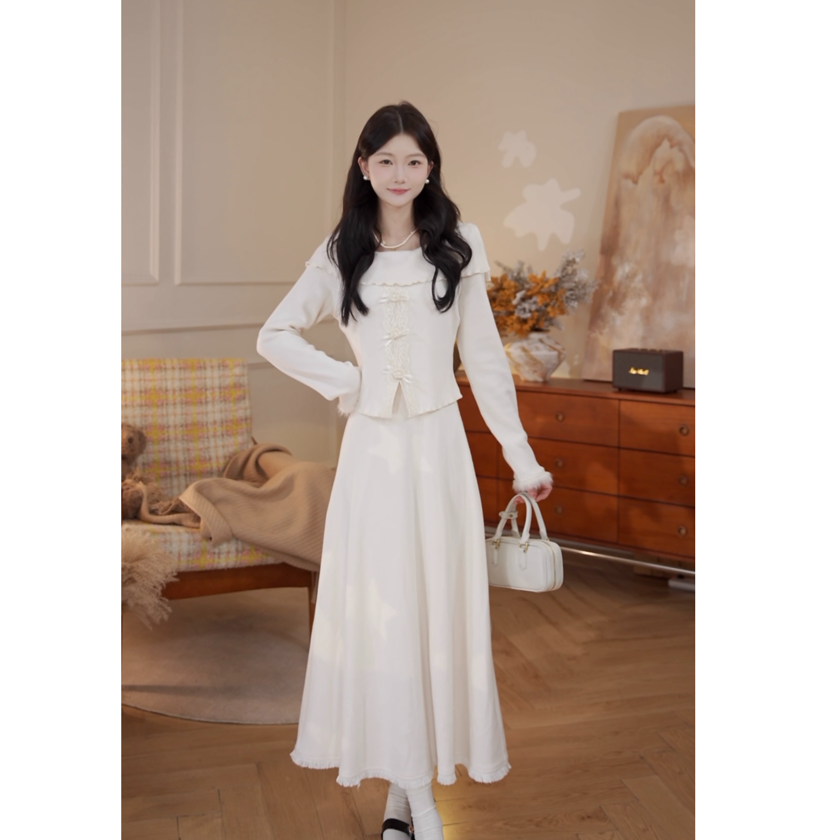 鹿向南「雾岛糖霜」法式气质设计感甜美千金女冬季加绒假两件连衣裙