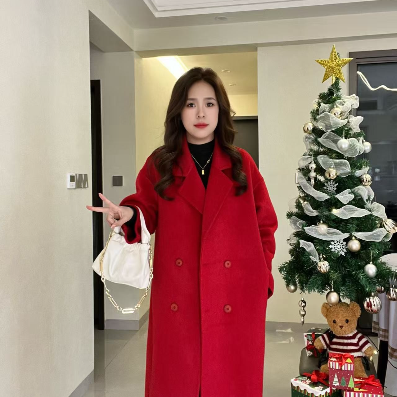 （慧子定制）韩版宽松显瘦四粒扣气质小个子双面羊毛长款大衣