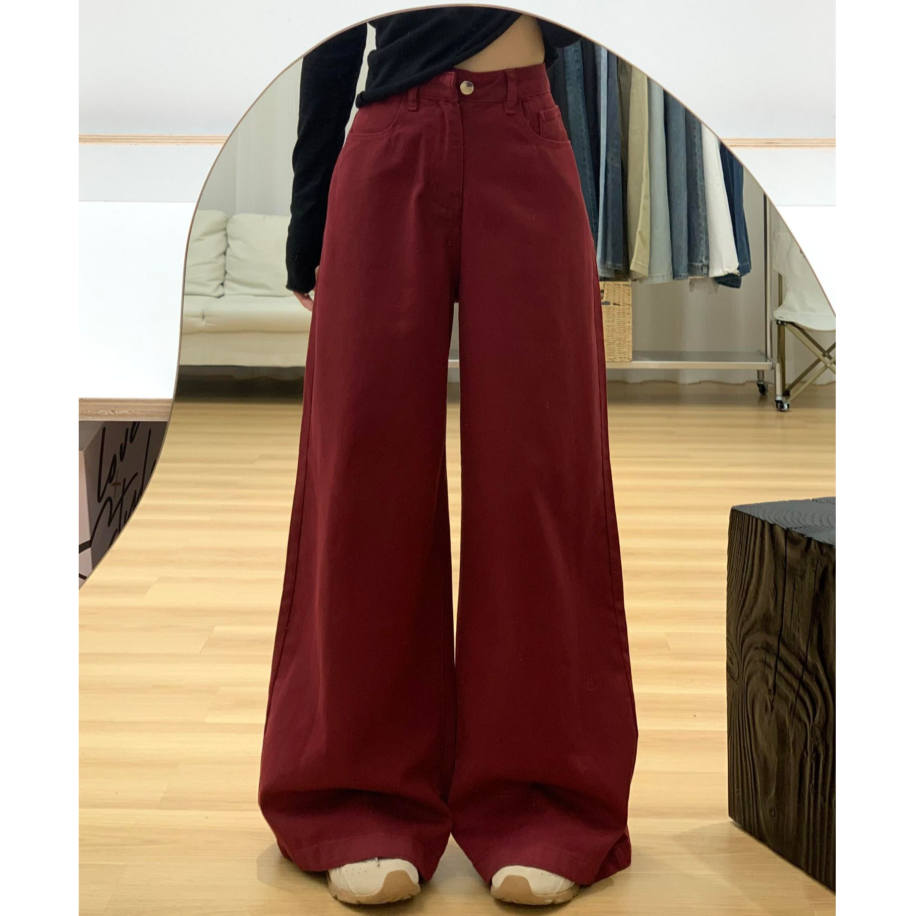 胖mm大码女装甜酷风牛仔裤女安可拉红阔腿裤子显瘦宽松百搭阔腿裤