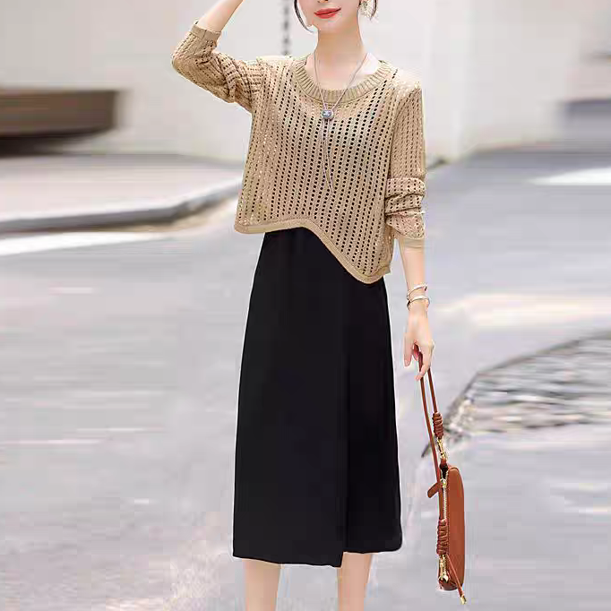 D525薄款连衣裙两件套2025新款清新显瘦条纹外搭针织