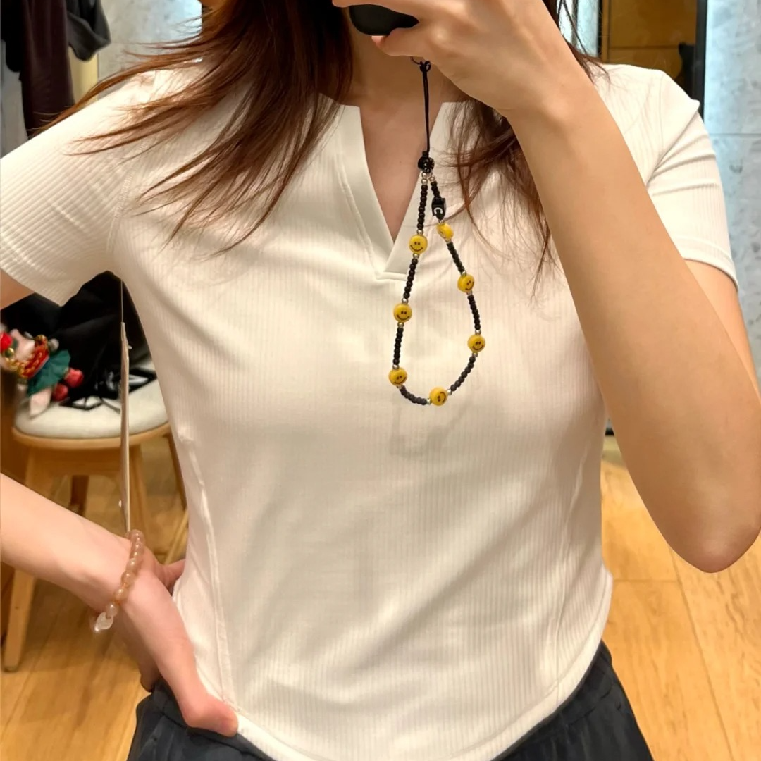 Cody店 Ribbe 好好看罗纹V领开口短袖