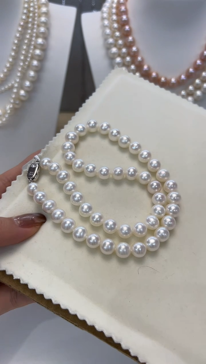 【闪购商品】淡水珍珠颈饰银S925镶嵌8.5-9.5MM无核白珠项链