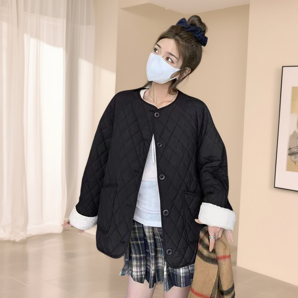 2025冬季新款【福利】菱格圆领毛毛袖带兜大码棉服外套1016*