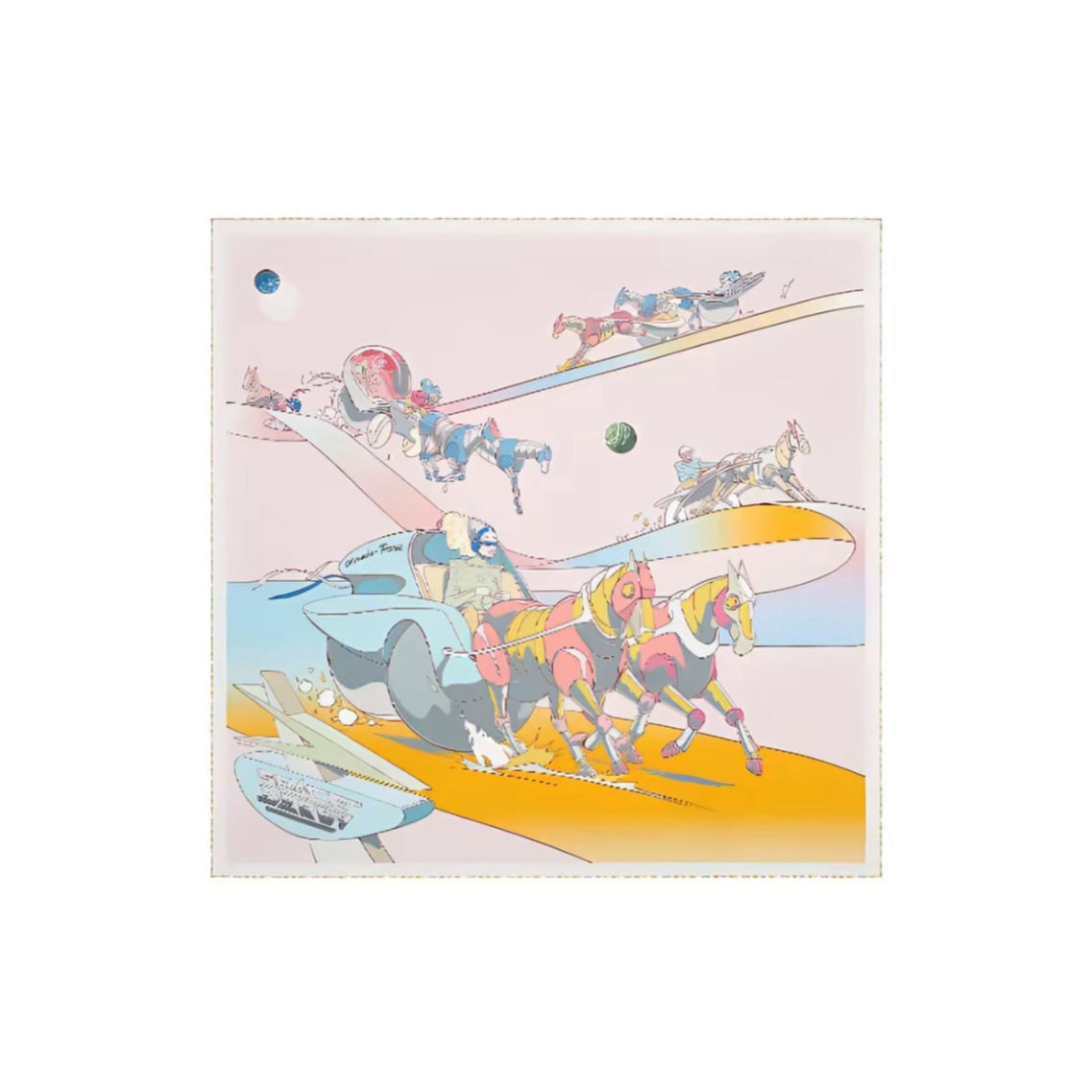 未使用 Hermes/爱马仕 花花“太空赛马” 系列 90方巾 淡粉色
