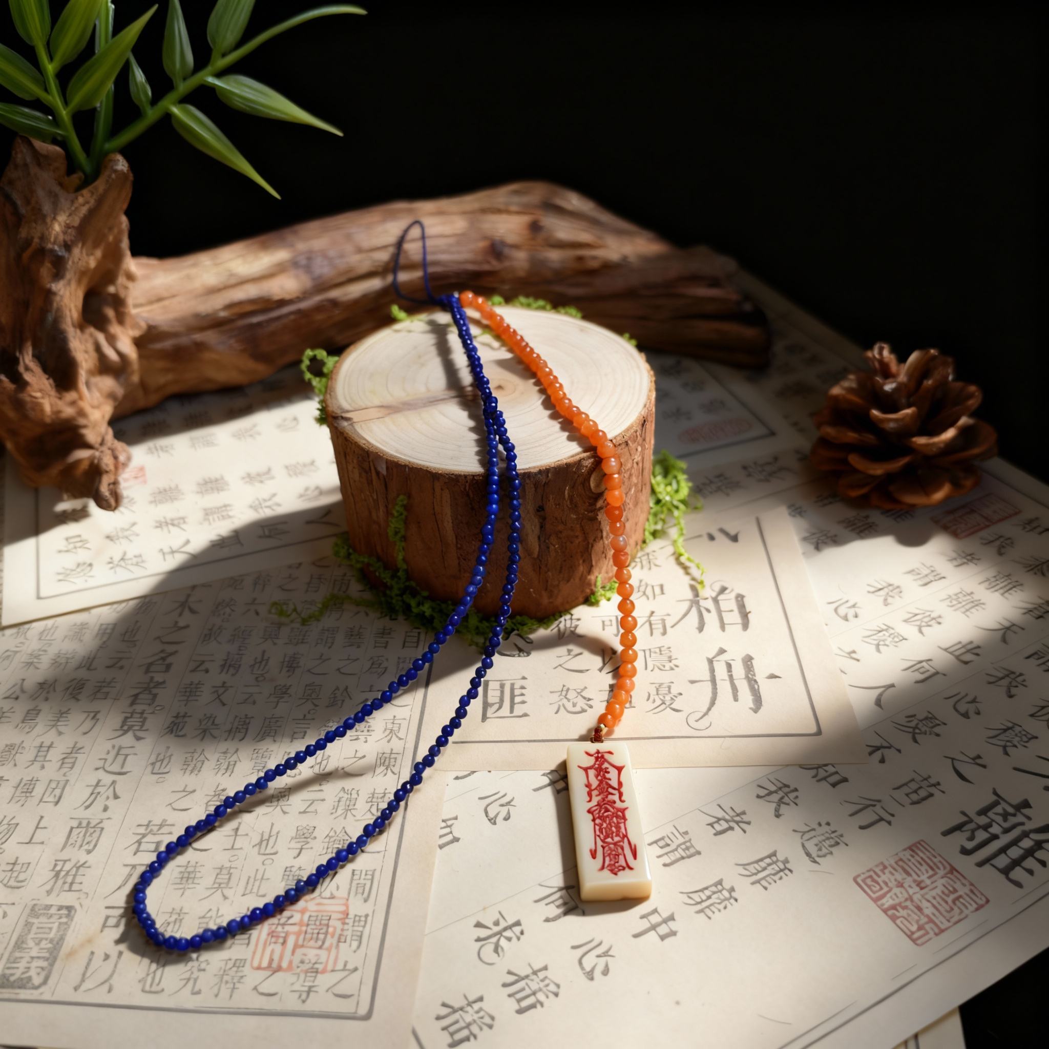 zbg3005 猛犸招财符青金石南红小米珠手机链（多样性发其一）