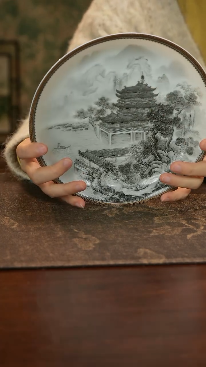 瓷大***g手绘墨彩滕王阁壶承