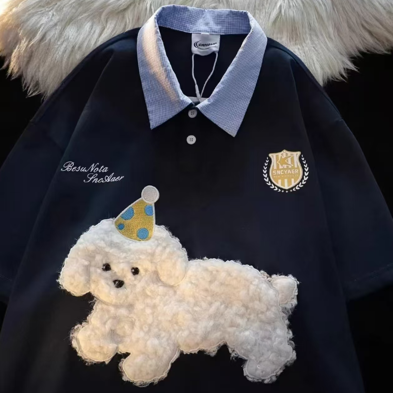 新款可爱小狗刺绣POLO领短袖t恤男女骑行夏宽松学院风情侣装上衣