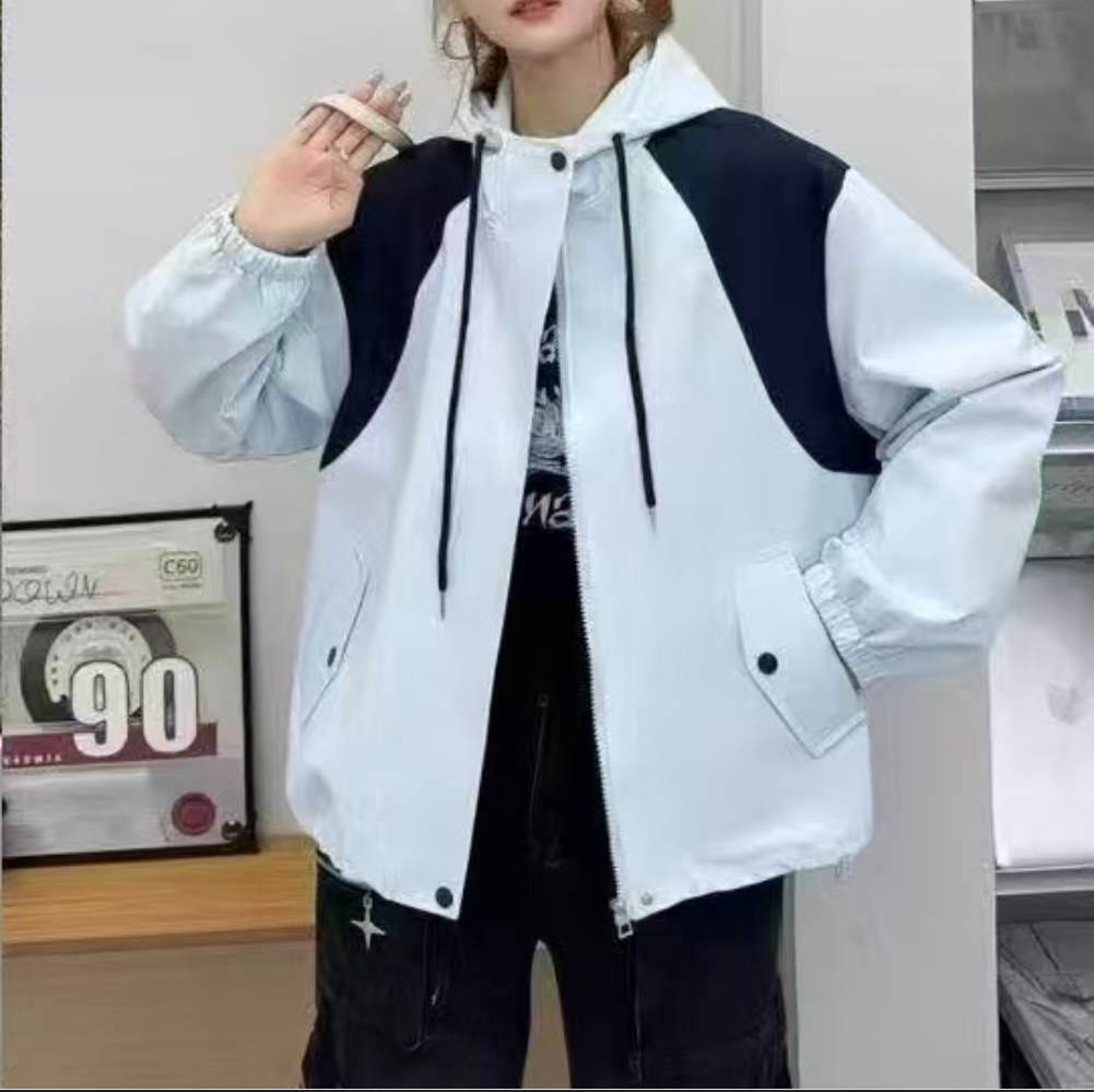 63-4-DQ天蓝色肩膀拼色连帽冲锋衣外套 （85-140）