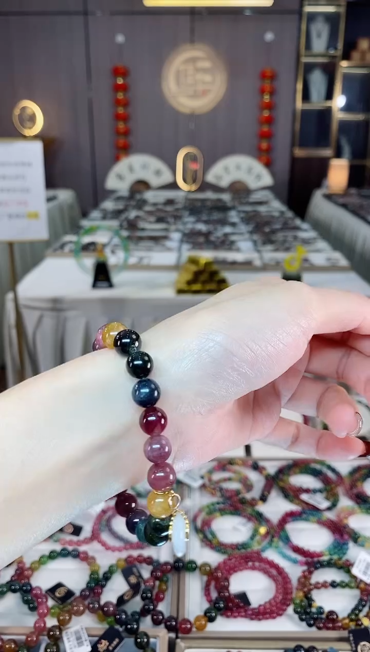 未镶嵌老矿碧玺色标彩虹单圈手串8mm+碧玺dan多样性发货一条