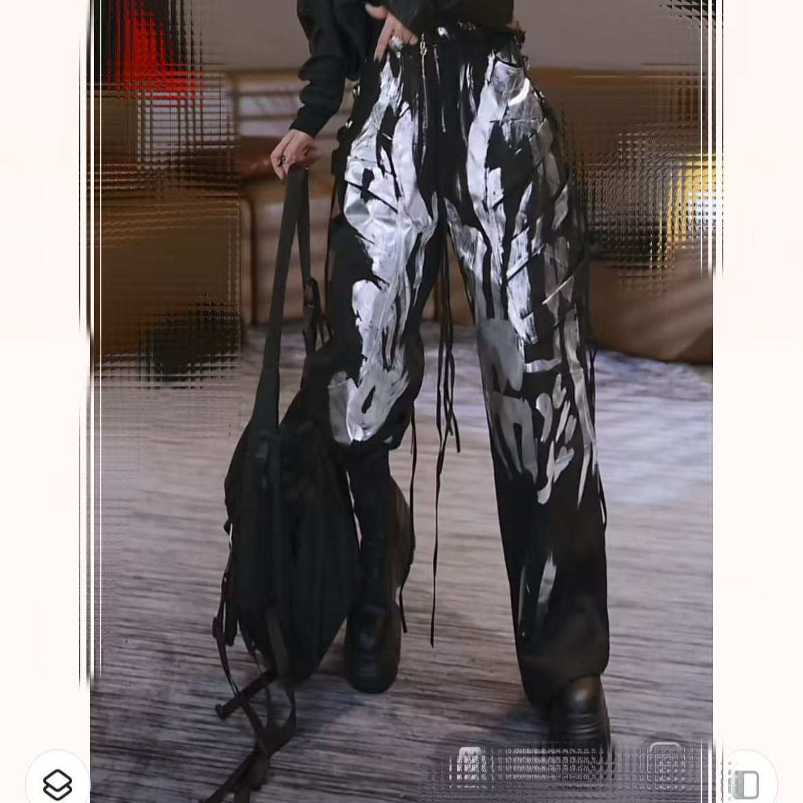 重工刷银飘带抽绳工装拉绒牛仔裤