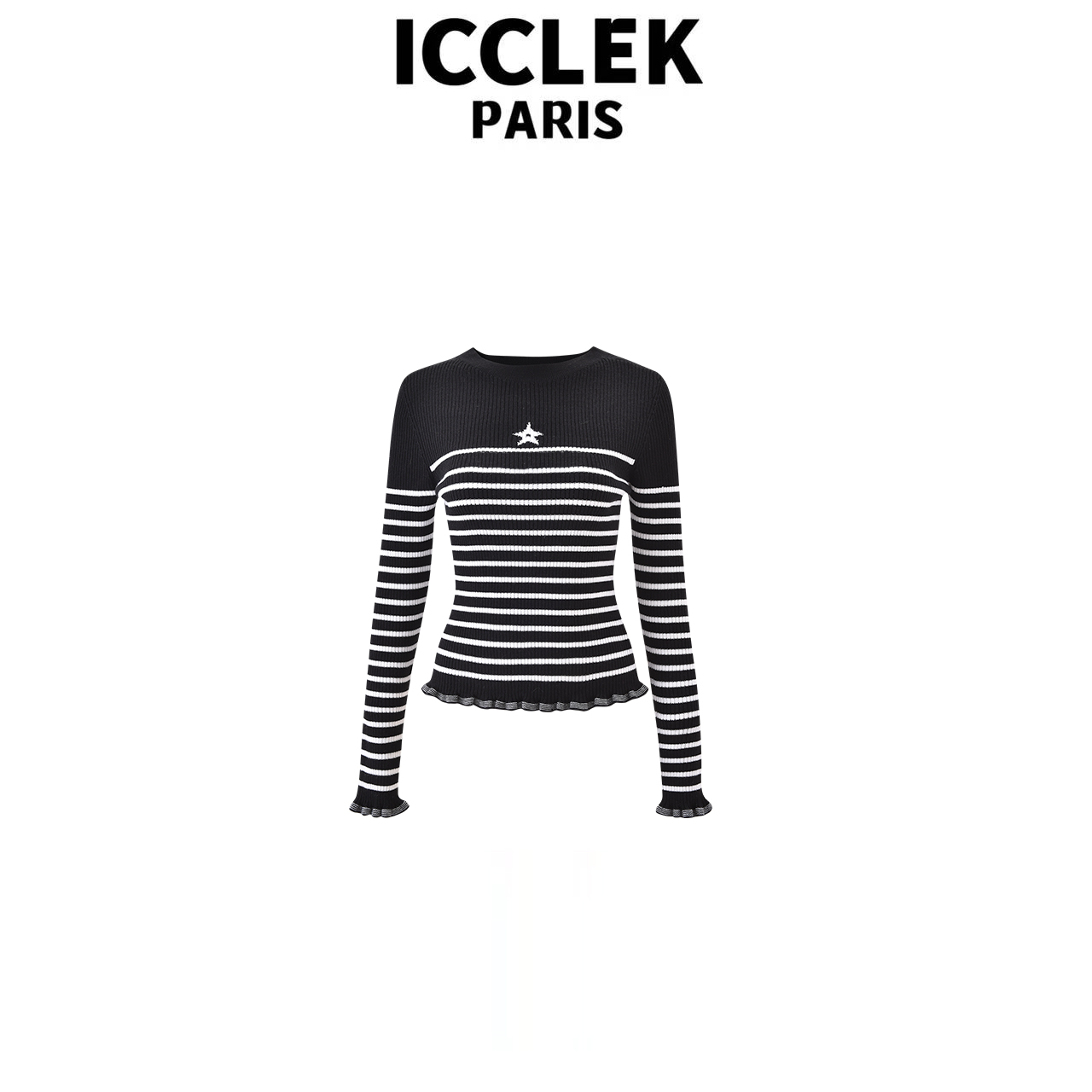 ICCLEK 条纹荷叶袖五角星长袖针织衫 气质 轻奢 修身 显瘦 - 3002