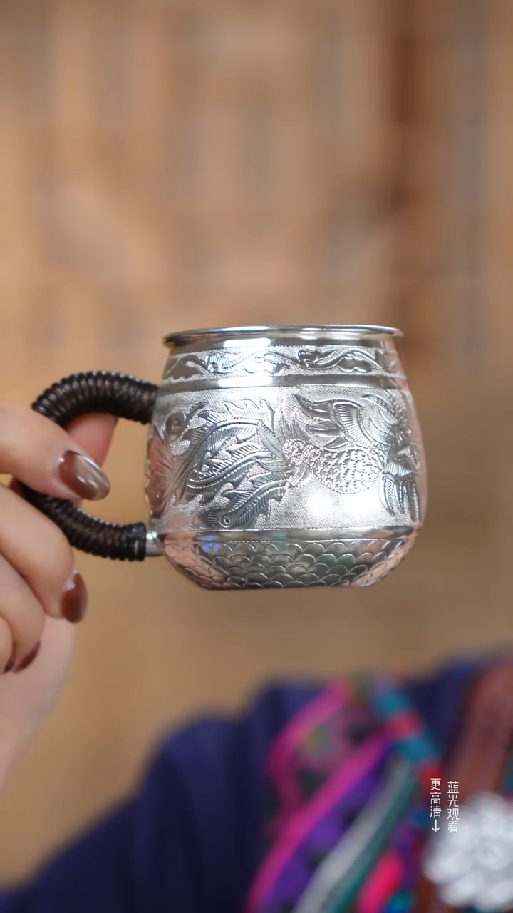 珐琅足银999手工龙凤银水杯