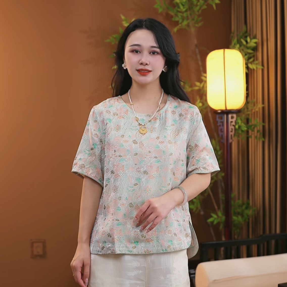 夏季新中式桑蚕丝盘扣短袖时尚提花中国风百搭上衣女S180