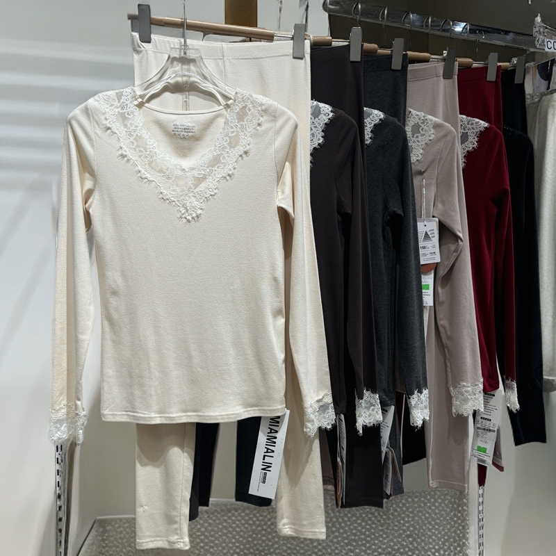 8328蕾丝V领羊毛蚕丝磨毛保暖女士套装无痕打底秋衣秋裤冬时尚款