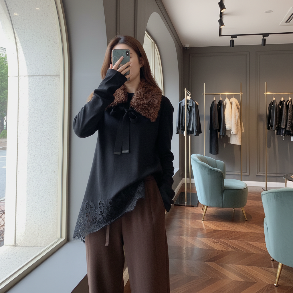 【SFF推荐】FLAIRSTA25 冬新款圆领蕾丝衣摆长袖T恤慵懒13519