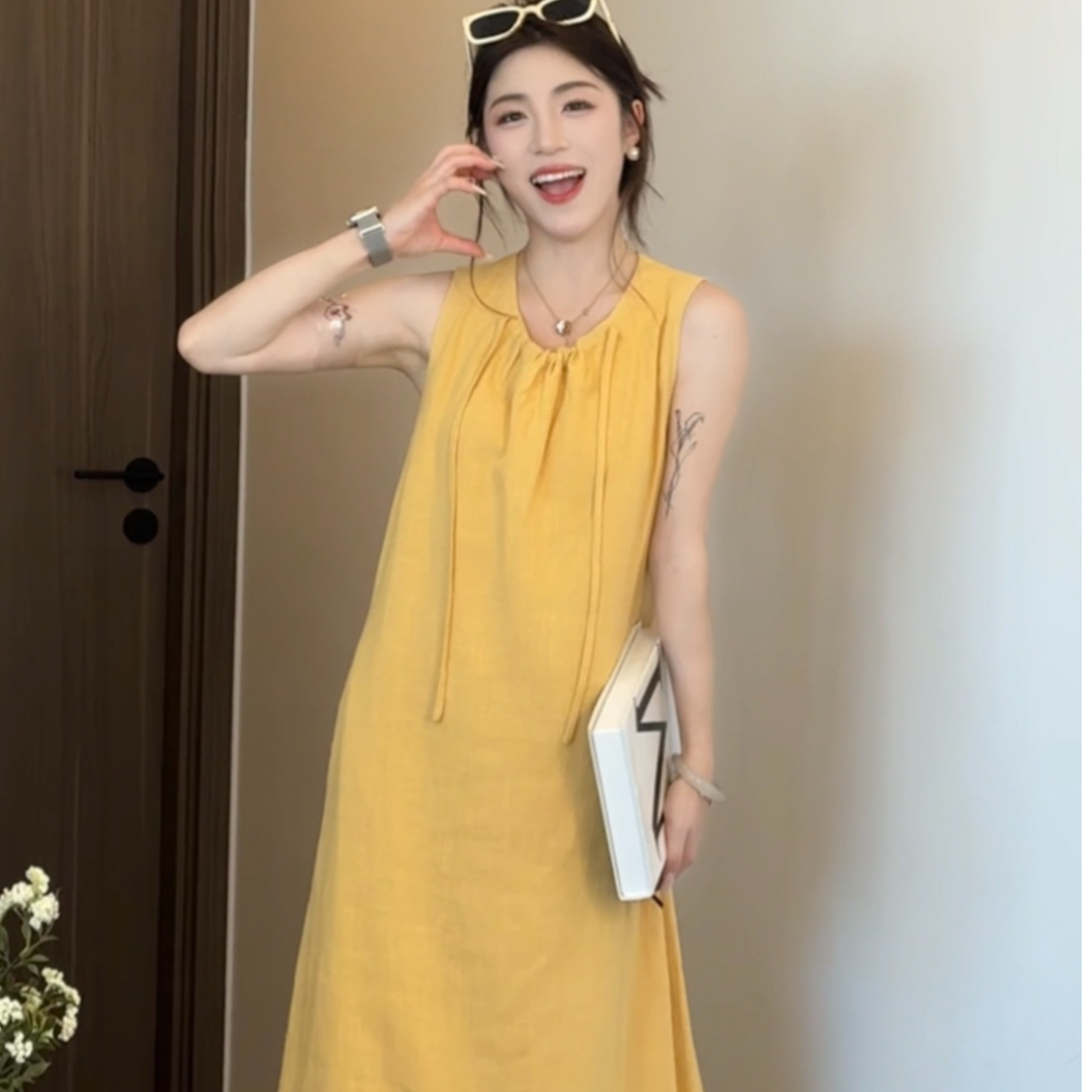 夏上新法式重工刺绣天丝苎麻抽绳宽松慵懒无袖连衣裙2616