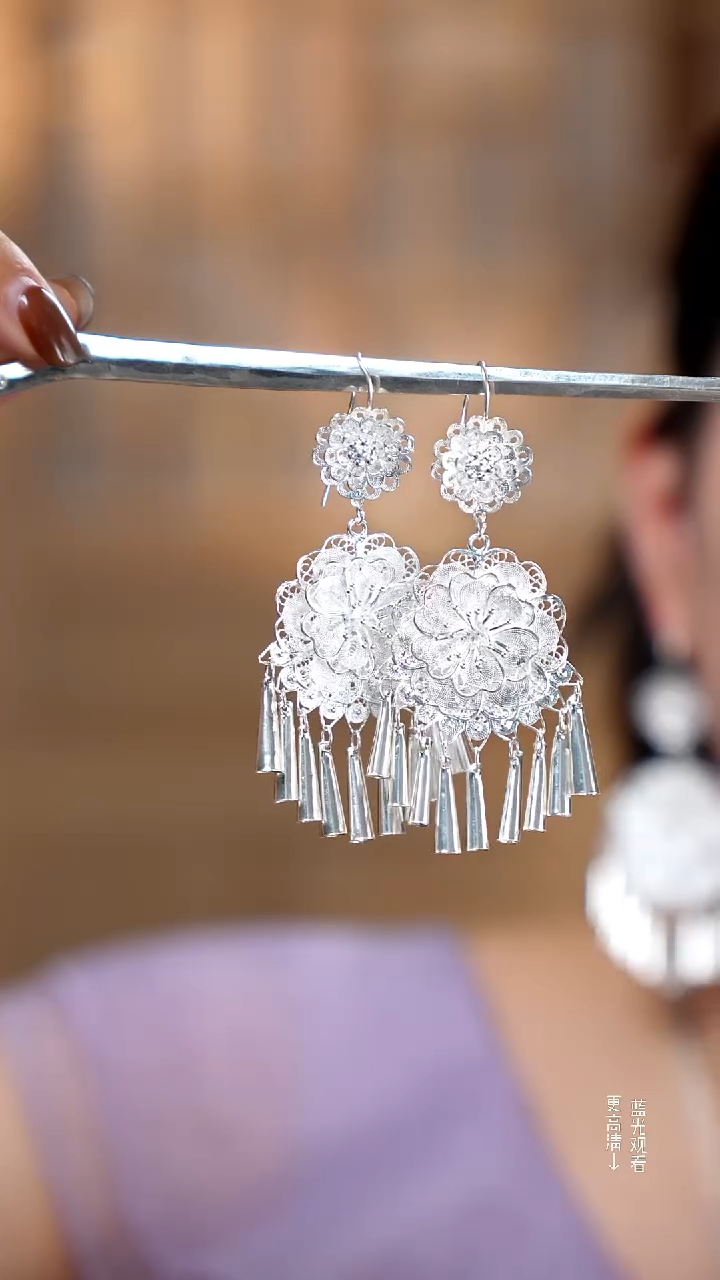 珐琅足银牡丹花丝喇叭耳环