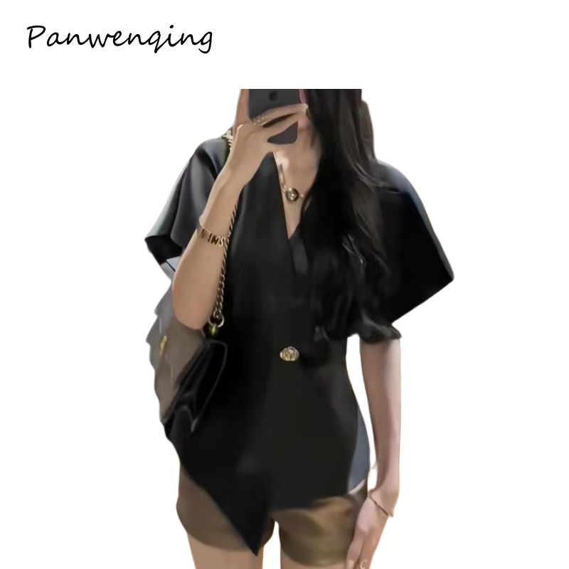 西装短袖缎面一粒金扣下摆不规则气质优雅3980