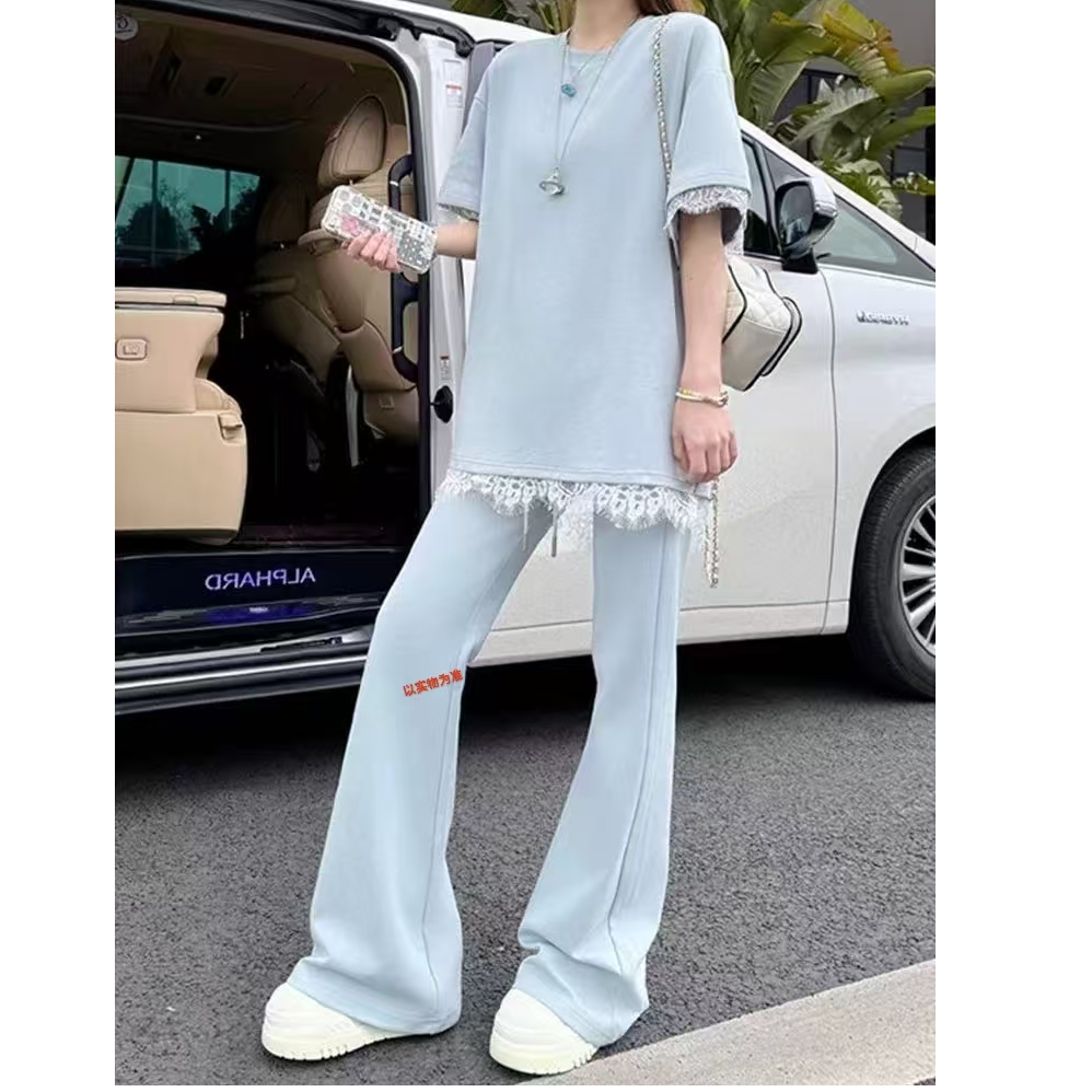 326#短袖蕾丝套装显瘦运动微喇叭直筒休闲夏季宽松小众减龄套装