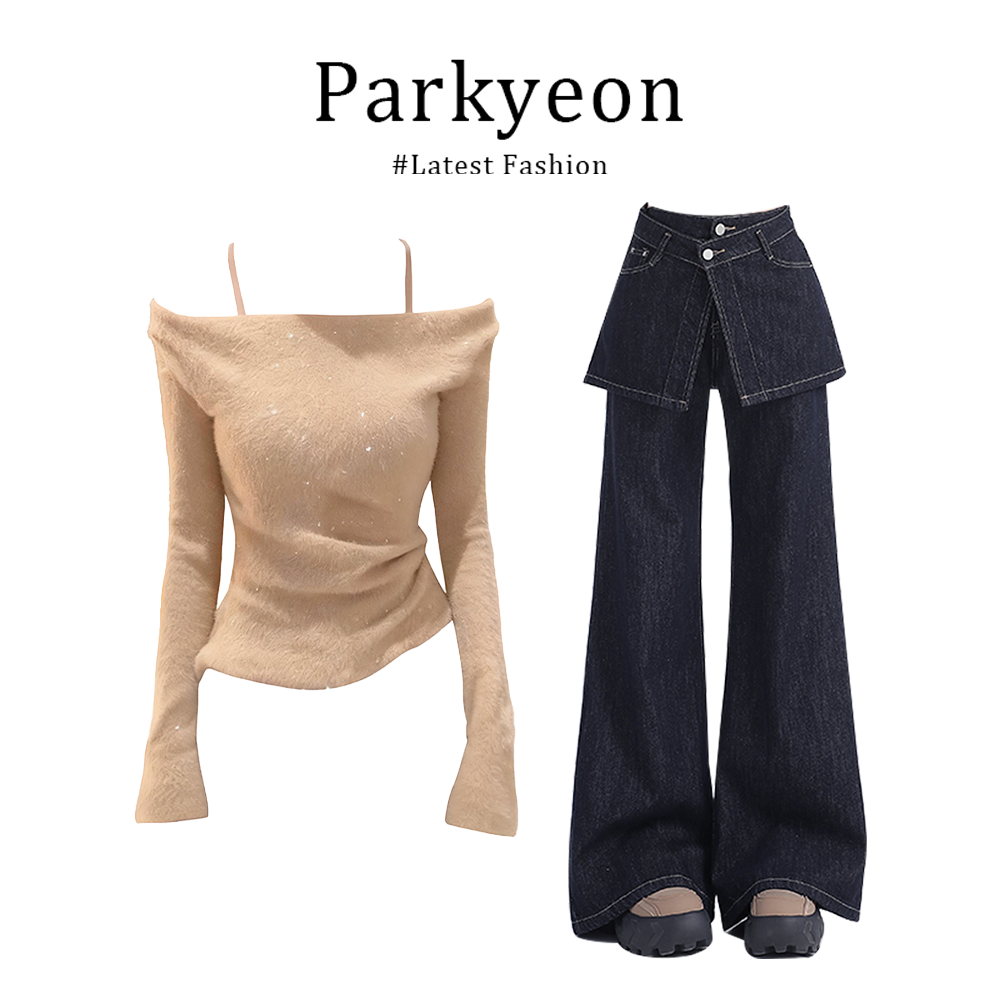 MARIE.COCO一字肩荡领细闪长袖毛衣打底衫黑色微喇牛仔裤秋冬套装