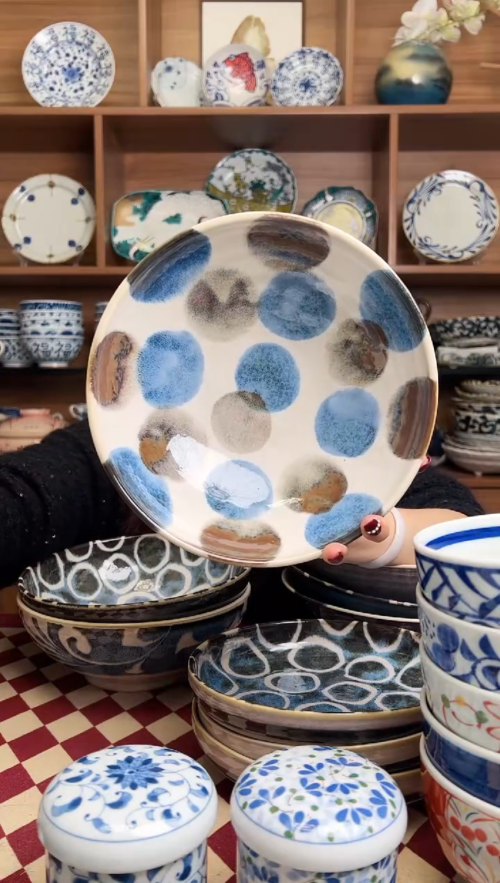 【闪购商品】瓷片笔青棕色点打21cm面碗