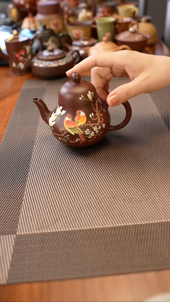 茶壶紫砂紫泥花鸟 