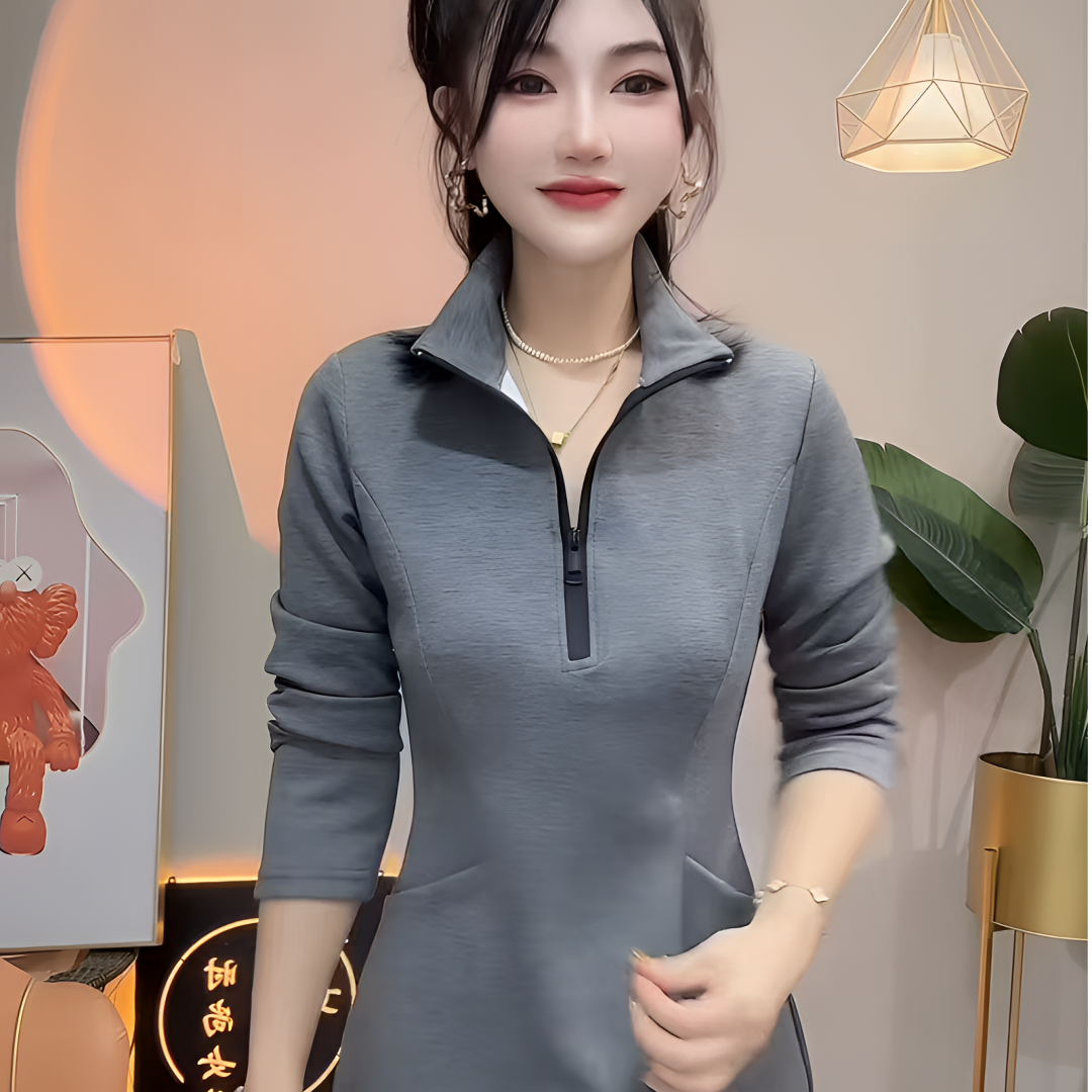 拉链立领显瘦连衣裙气质长袖洋气时尚休闲百搭秋季