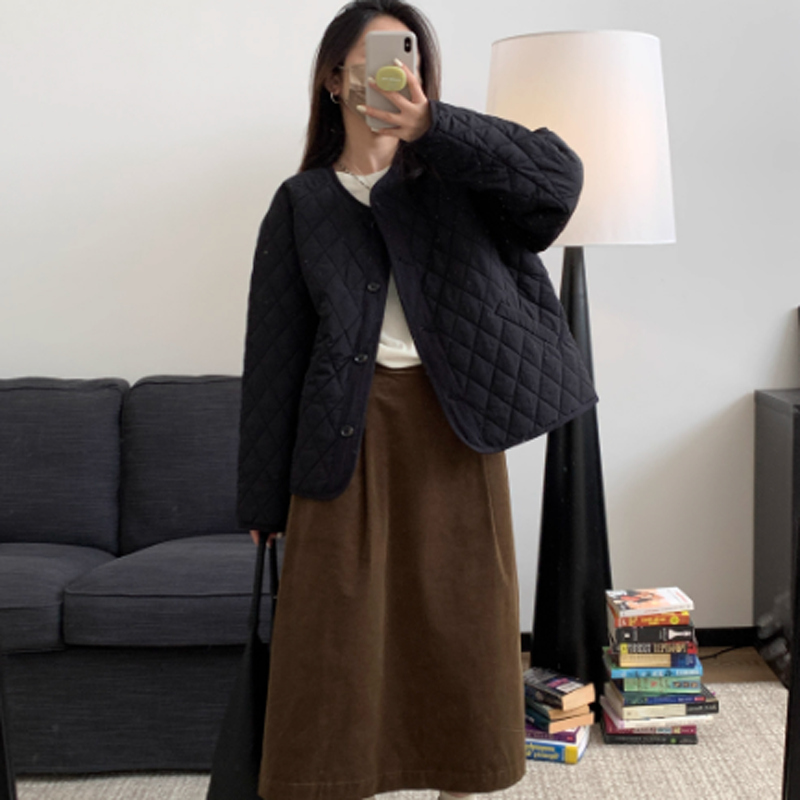宽松型圆领薄款纯色免烫棉衣棉服黑色复古冬季时尚